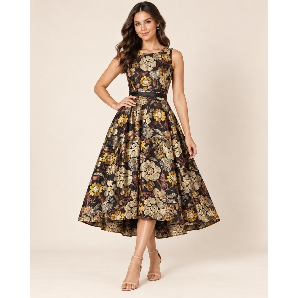 Tahari ASL Petite Metallic Floral Embroidered Fit Flare Dress Black Gold 10P NWT